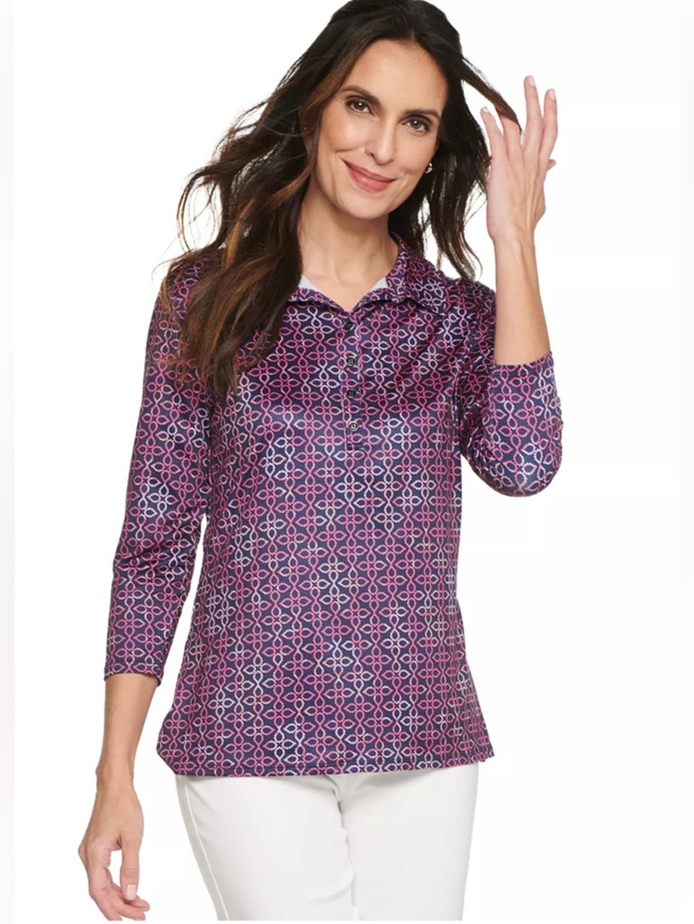 Croft & Barrow Women’s Geometric Print 3/4 Sleeve Polo Top Size 2X Stretch